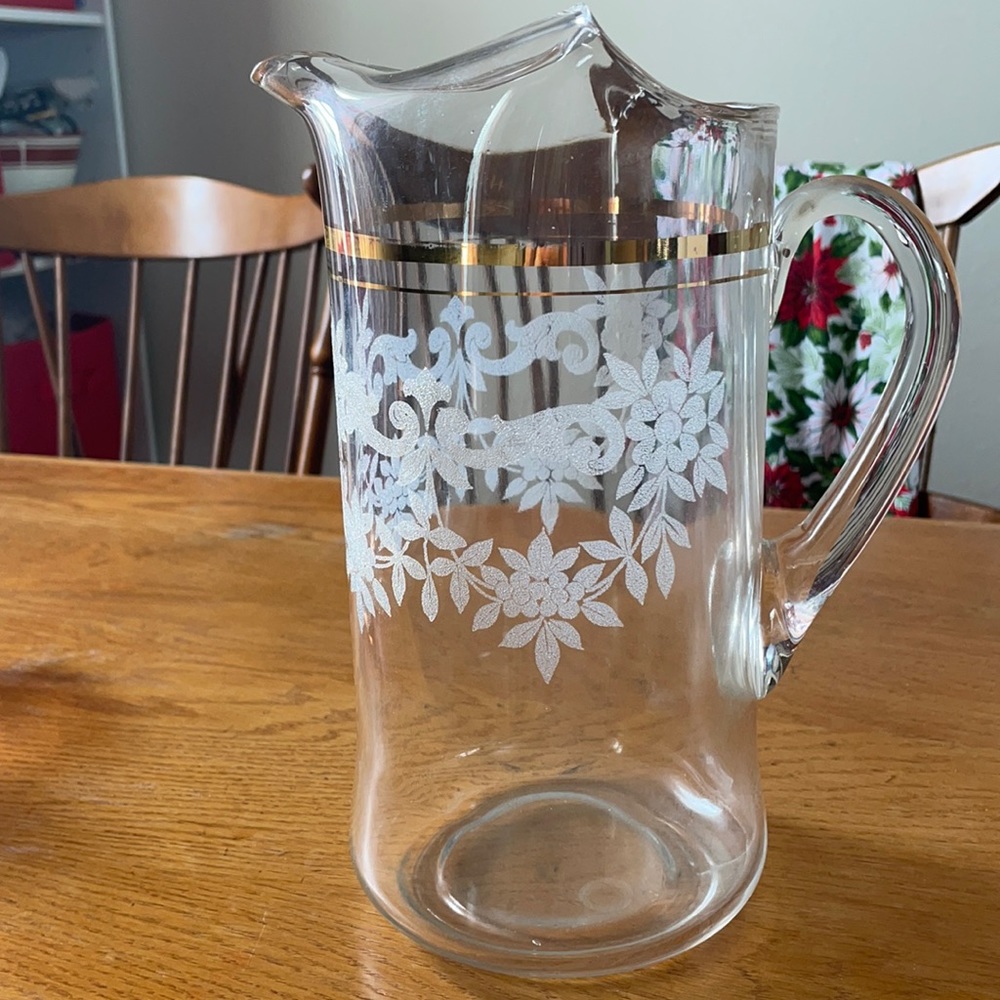 VTG Glass 10” Pitcher With Silvery Embossed Floral Design